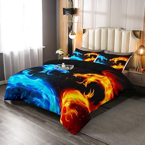Miniatura 2 de Erosebridal Juego de edredón de dragón de fuego de hielo, juego de ropa de cama tamaño Queen para niños, adolescentes, adultos, decoración de