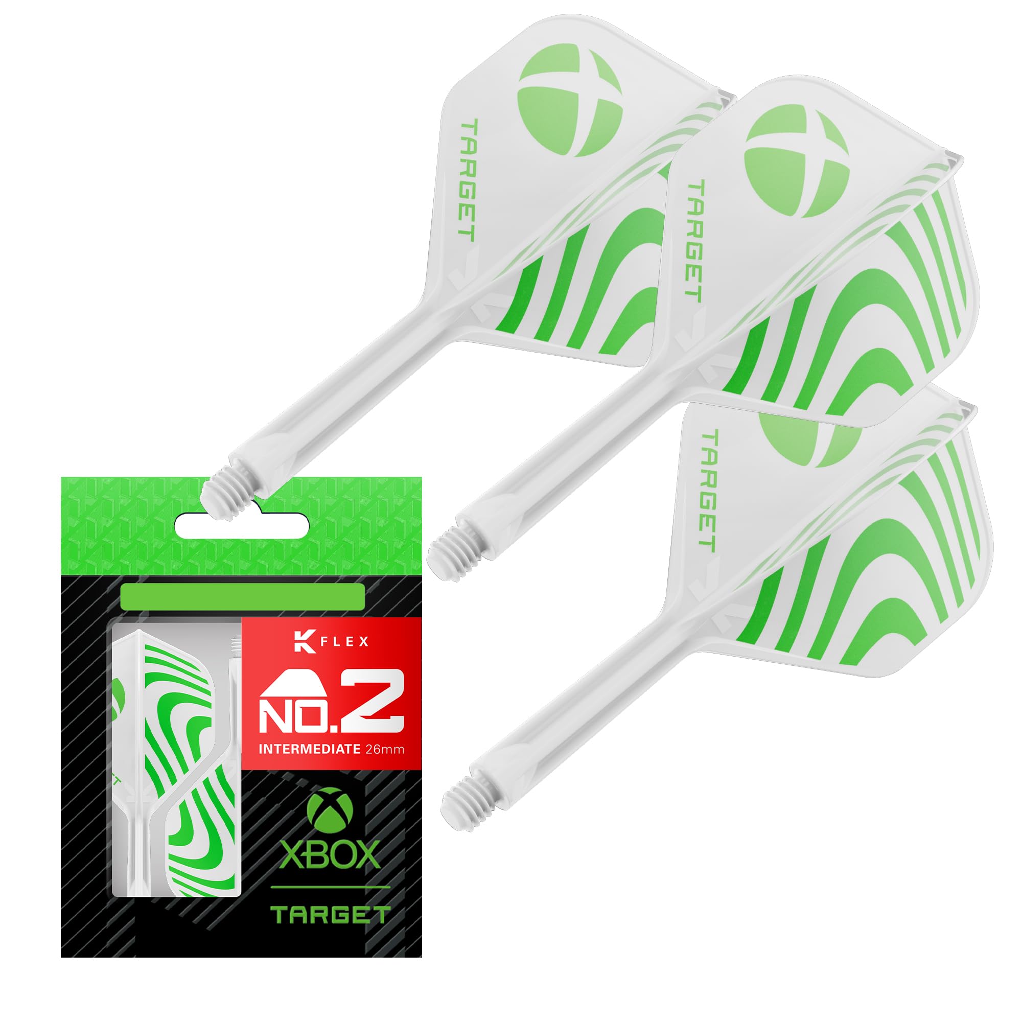 Target Darts Xbox K-Flex Flight & Shaft System, Green & White | No.2 Kflex – Intermediate (26mm) All-In-One K Flex Flights and Shafts, Professional Dart Accessories