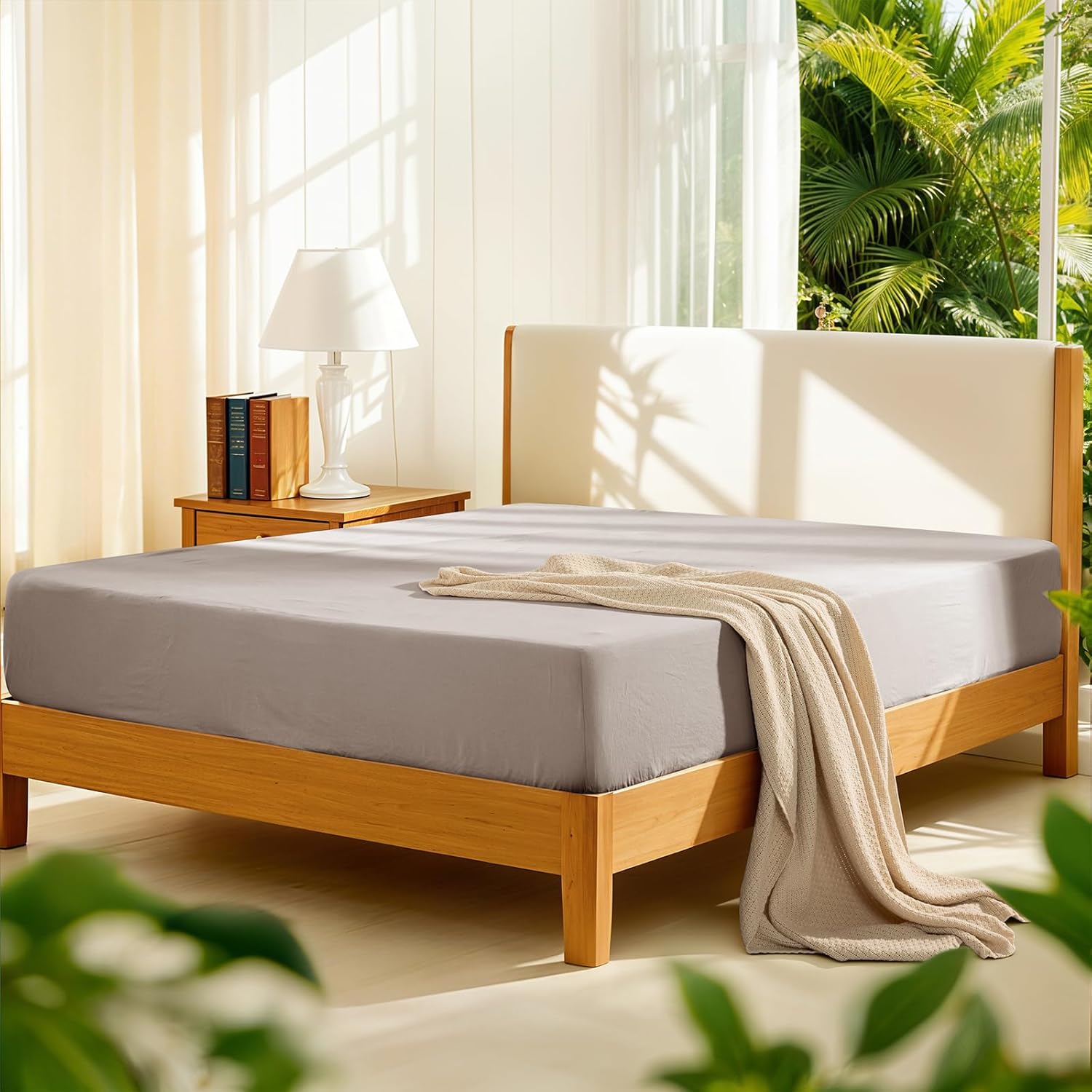 LBRO2M 100% French Linen Queen Fitted Sheet Only (1 Piece) 16 Inch Deep Pocket Premium Flax Linen Bottom Sheet Breathable, Soft, Durable Cozy All Season (Queen, Linen)