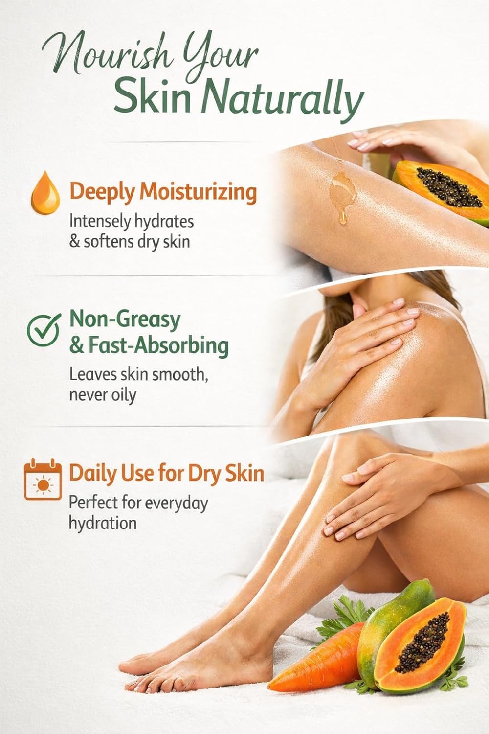 Organic Body Oil with Carrot & Papaya Extract – Natural Moisturizing Body Oil for Dry Skin – Non-Greasy, Fast Absorbing Daily Body Moisturizer – Hydrating Skin Oil, 6.7 fl oz - Image 3