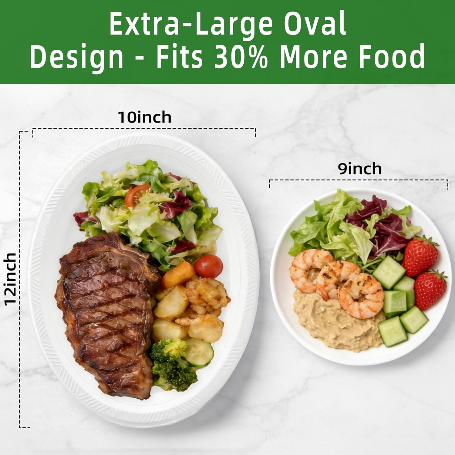 Oval White Plastic Plates for Easter, Graduation, World Cup, 4th of July, 100 Count Disposable Plates for Parties, Picnics & Outdoor Celebrations (10" x 12")