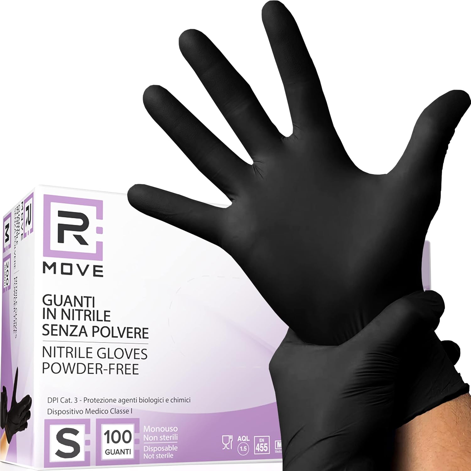 R MOVE 100 guanti in nitrile monouso neri S senza polvere, gloves ambidestri usa e getta per alimenti, non sterili, senza lattice, ipoallergenici - per ambiti medici, Estetisti, Tatuatori (S, Neri)