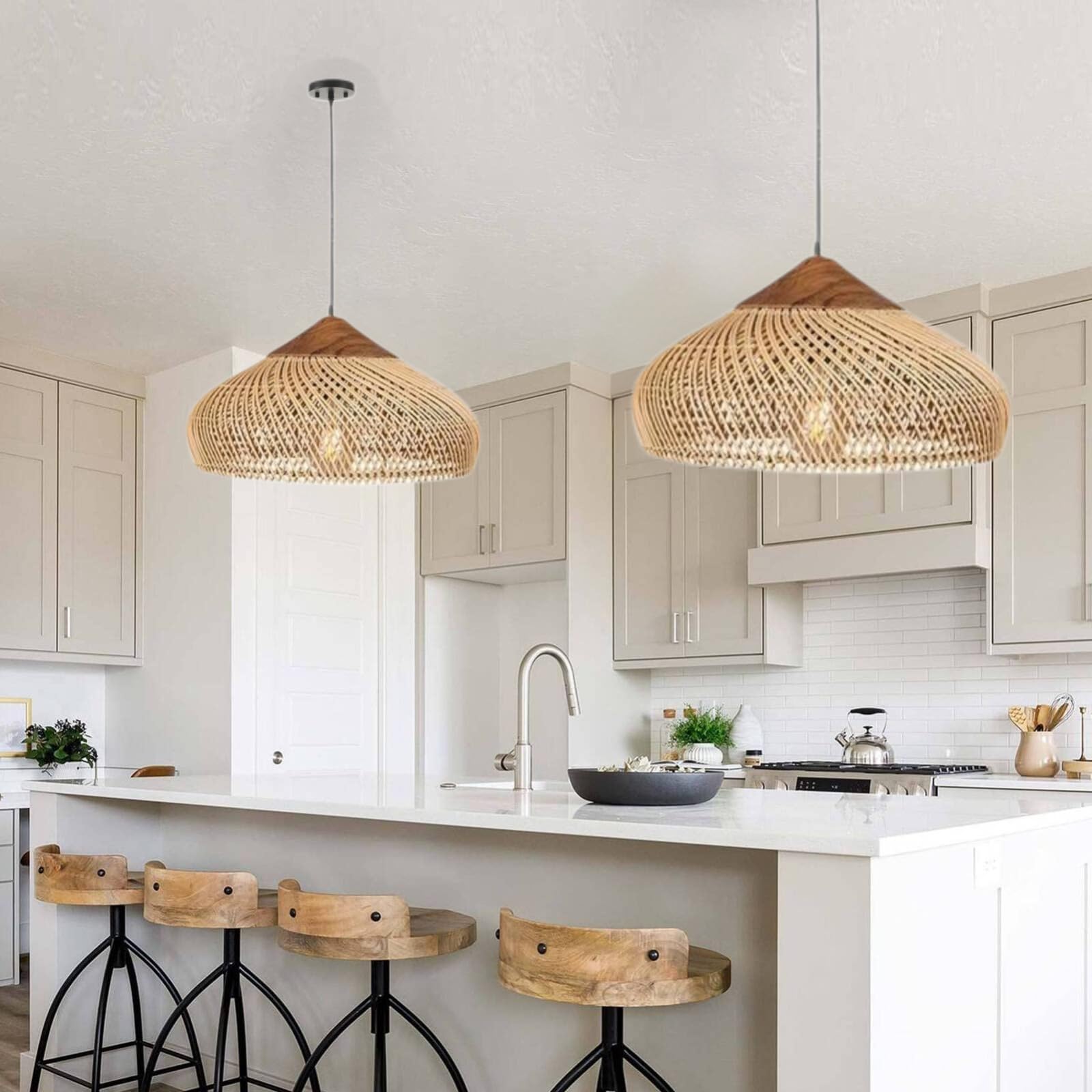 Boho-Pendelleuchte für Wohnzimmer, Hängelampe aus Korbgeflecht, Pendelleuchte aus Rattan, Esszimmerbeleuchtung, Holz, E27, Lampentyp: Hängeleuchte, Farbe: Beige (Ø30cm)