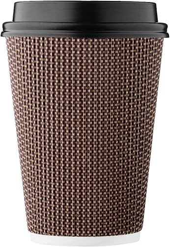 Paquete de 100 tazas de café desechables de 12 onzas, taza de papel de doble pared con tapa, diseño geométrico marrón, té de chocolate caliente,
