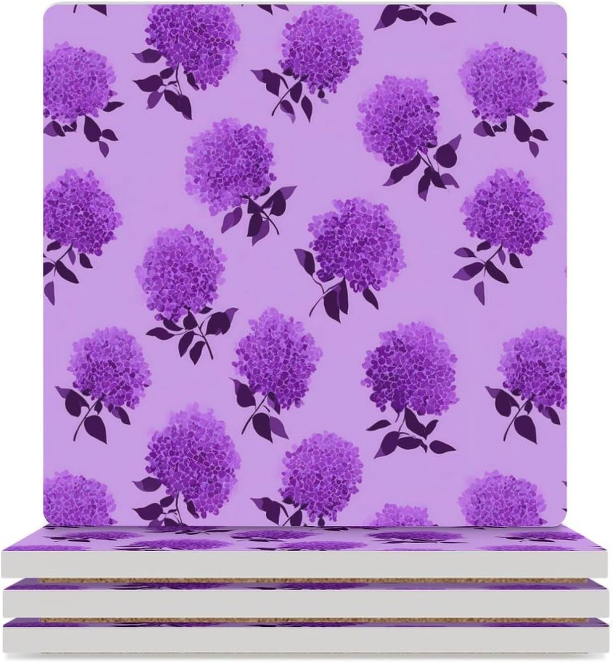 Purple Lilac Flower Coaster for Drinks Square Ceramic Table Coasters Stone Mat Crafts 4PCS Home Kitchen Decor