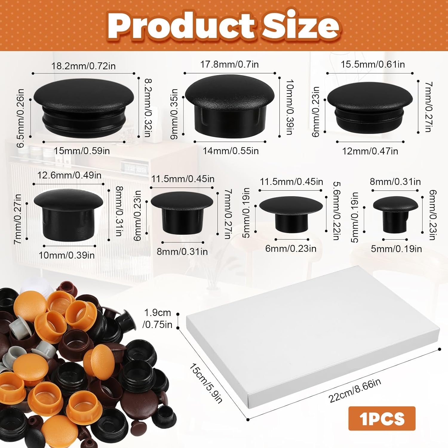 400 Pieces Hole Cover Caps, 5/6/8/10/12 mm Caps for Drilling Holes, Plastic Hole Stopper with Paper Box, Includes 6 Colours, Furniture Hole Cover