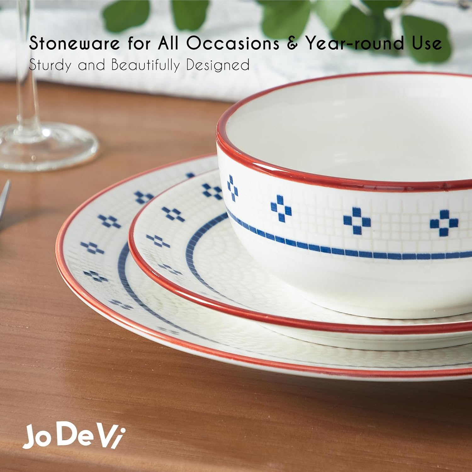 12-Piece Stoneware Dinnerware Set for 4, Geometric Vintage Plates & Bowls, Scratch-resistant Dishwasher & Microwave Safe Dishware, Modern Tableware Service for Everyday Use or Entertaining