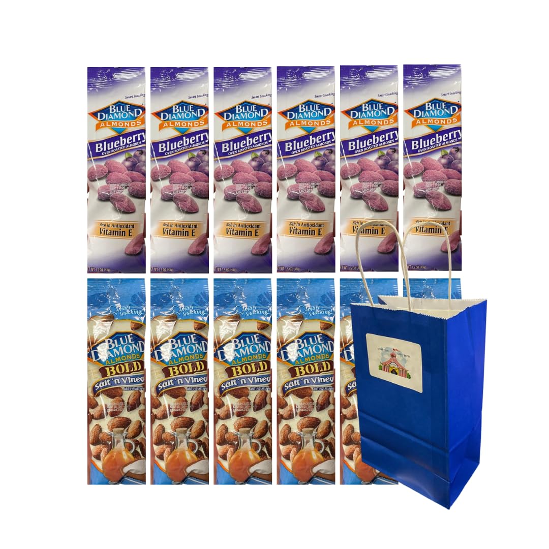 Variety Pack Diamond Almonds – 6 Each 2 Flavors Blueberry & Salt 'n Vinegar, 1.5 oz (12 Pack) – Includes 5.25x3.2x8 Blue Paper Bag – Perfect for Snacking, Gifts, and Travel