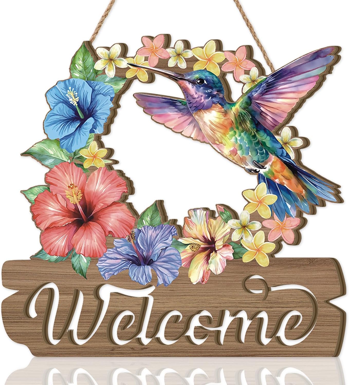 KAIRNE Hummingbird Floral Welcome Door Sign Tropical Hibiscus Hanging Sign Summer Colorful Bird Flower Wall Decor for Front Door Patio Garden Beach House โ image 1