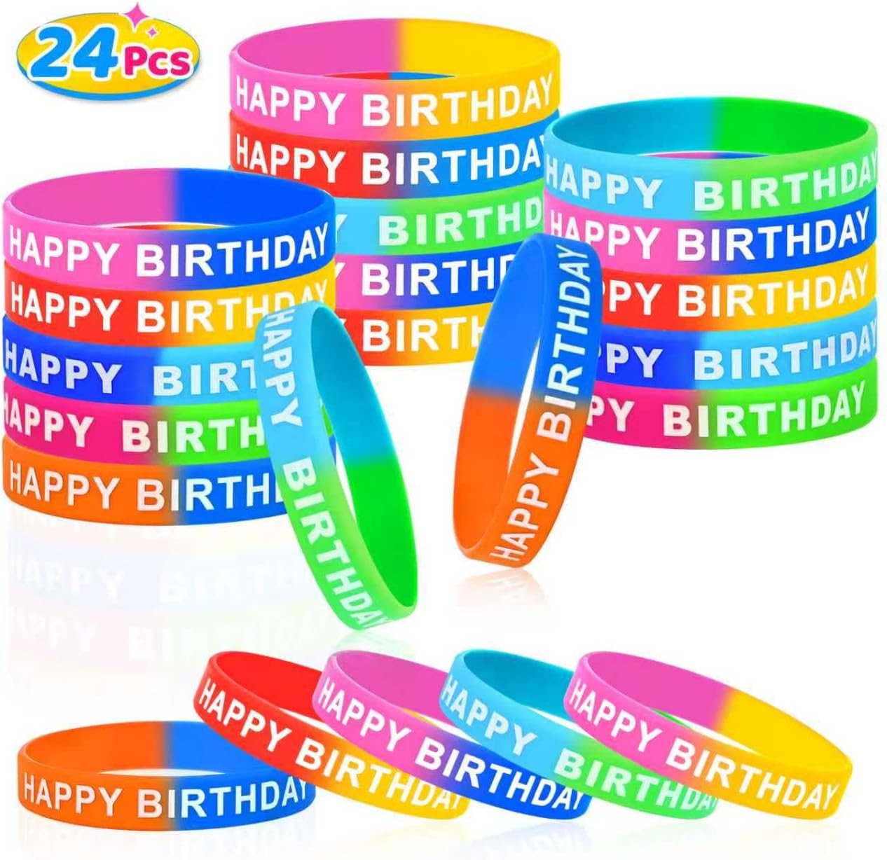 24/48 Pcs Happy Birthday Rubber Bracelts, Dual-Color Silicone Stretch Wristbands For Birthday Party 8 Styles