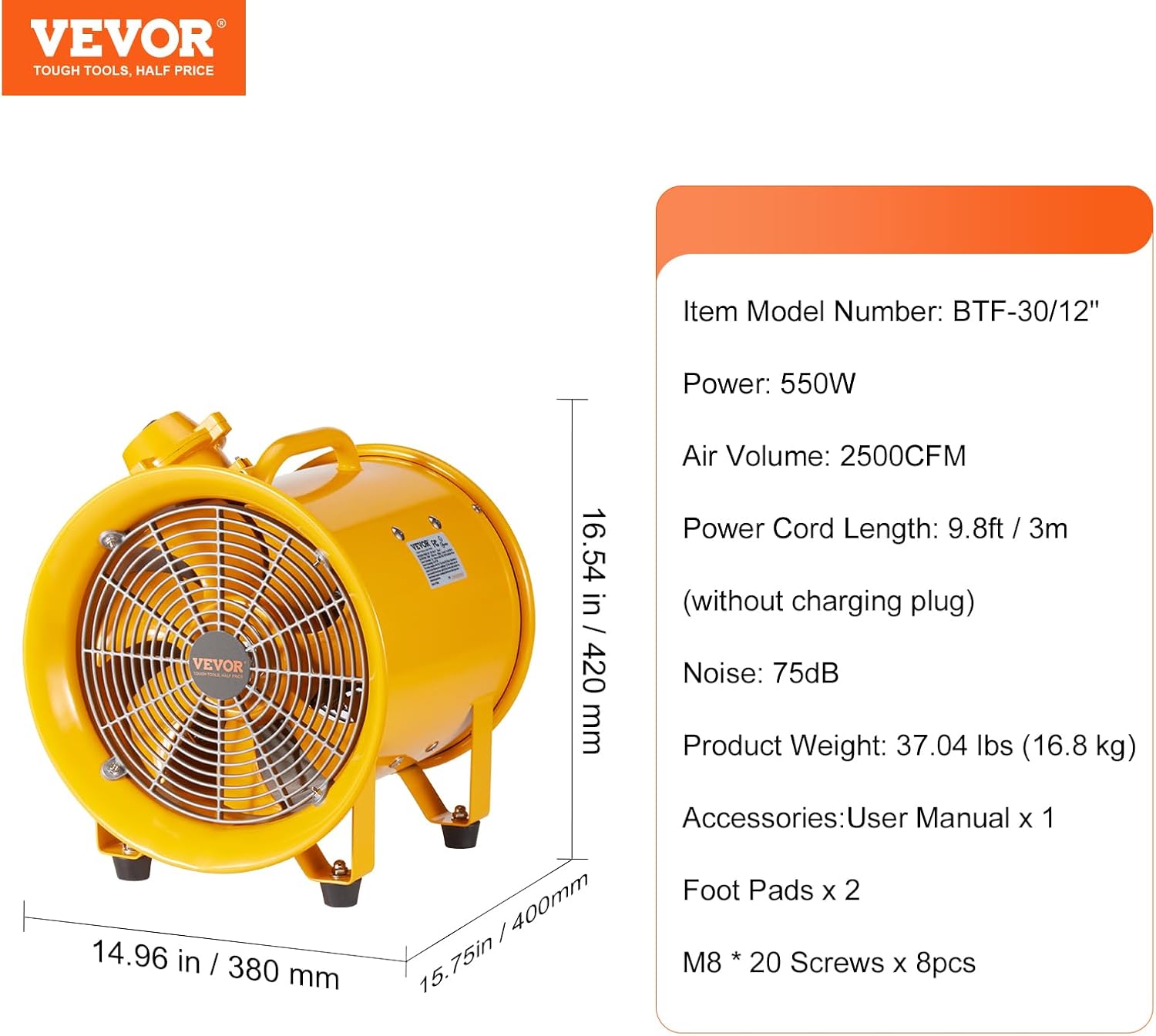 VEVOR Explosion Proof Fan 10 Inch, 350W 1942CFM, Industrial Portable Ventilator Blower/Exhaust with 9.8ft Light Cord -No Plug