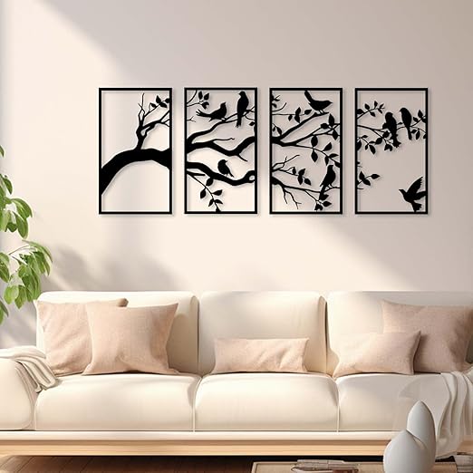 Wall Decoration, 4PCS Abstract Sculpture Wall Art Birds And Tree Metal