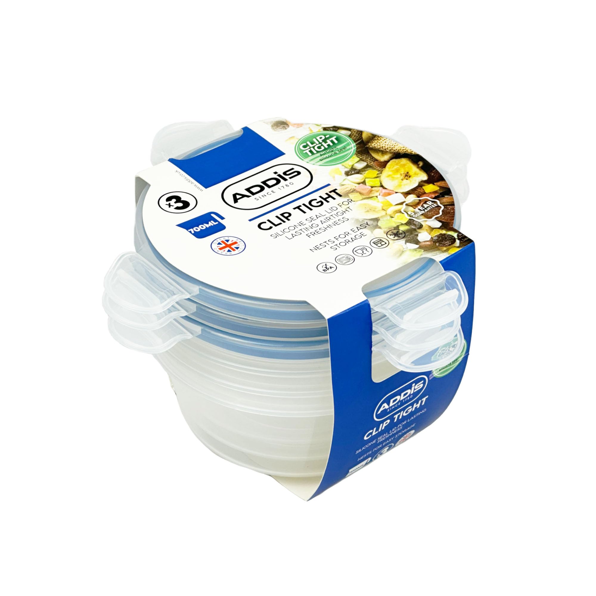 Addis Clip Tight Food Storage Containers 700 ml Round Pack Of 3 Airtight Containers Bpa Free Easy Locking Lid Clips, Clear Transparent