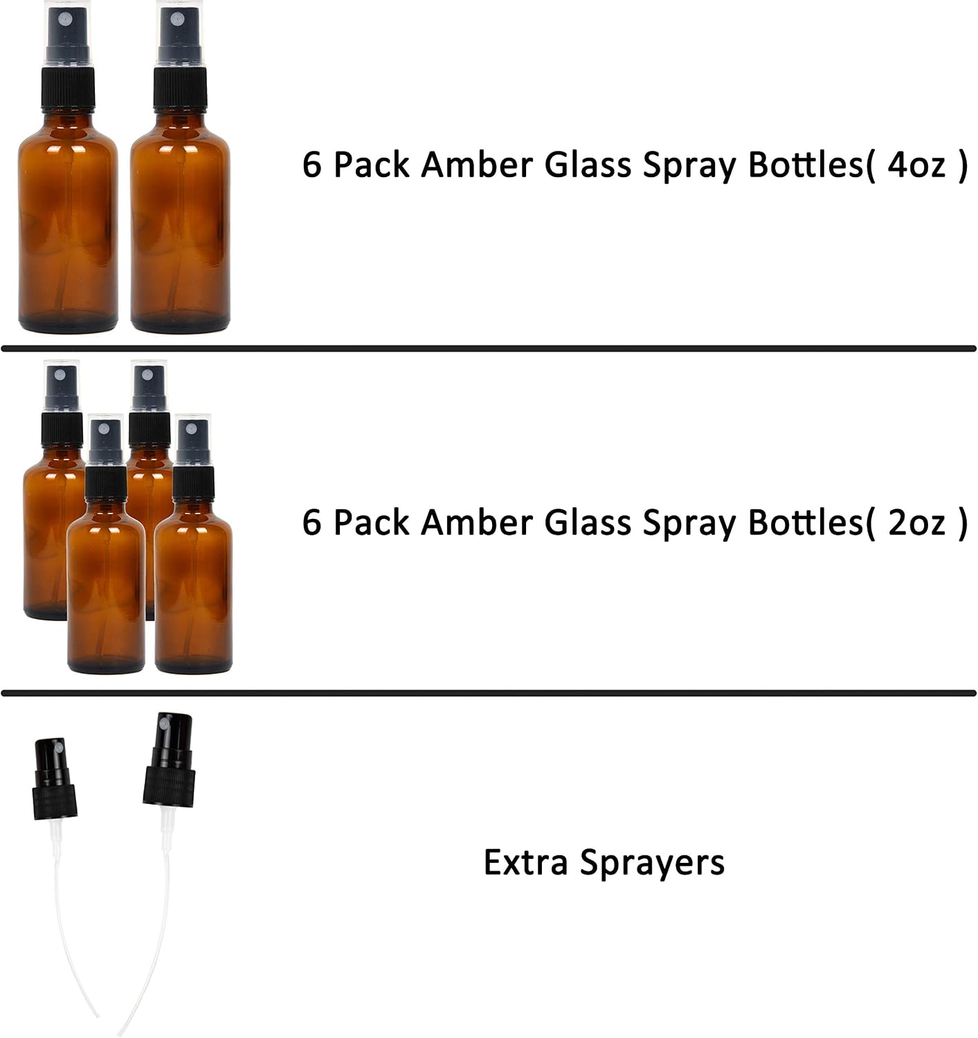 Youngever 12 Pack Empty Amber Glass Spray Bottles, 6 Pack 4 Ounce and 6 Pack 2 Ounce Refillable Containers for Essential Oils, Cleaning Products, Durable Black Trigger Sprayer Fine Mist and Stream