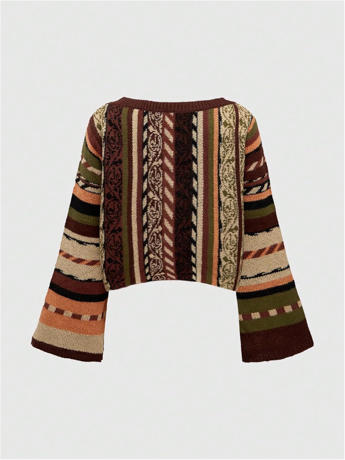 SHENHE Women's Bell Sleeve Crew Neck Tribal Striped Sweater Hippie 70s Vintage Cropped Sweater