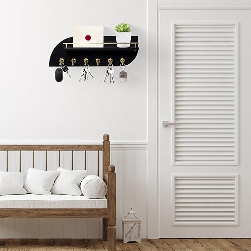 Miniatura 3 de Soporte para llaves de pared, de madera, con 6 ganchos de metal resistentes para bolsos, abrigos, paraguas, organizador de correo de 14 pulgadas