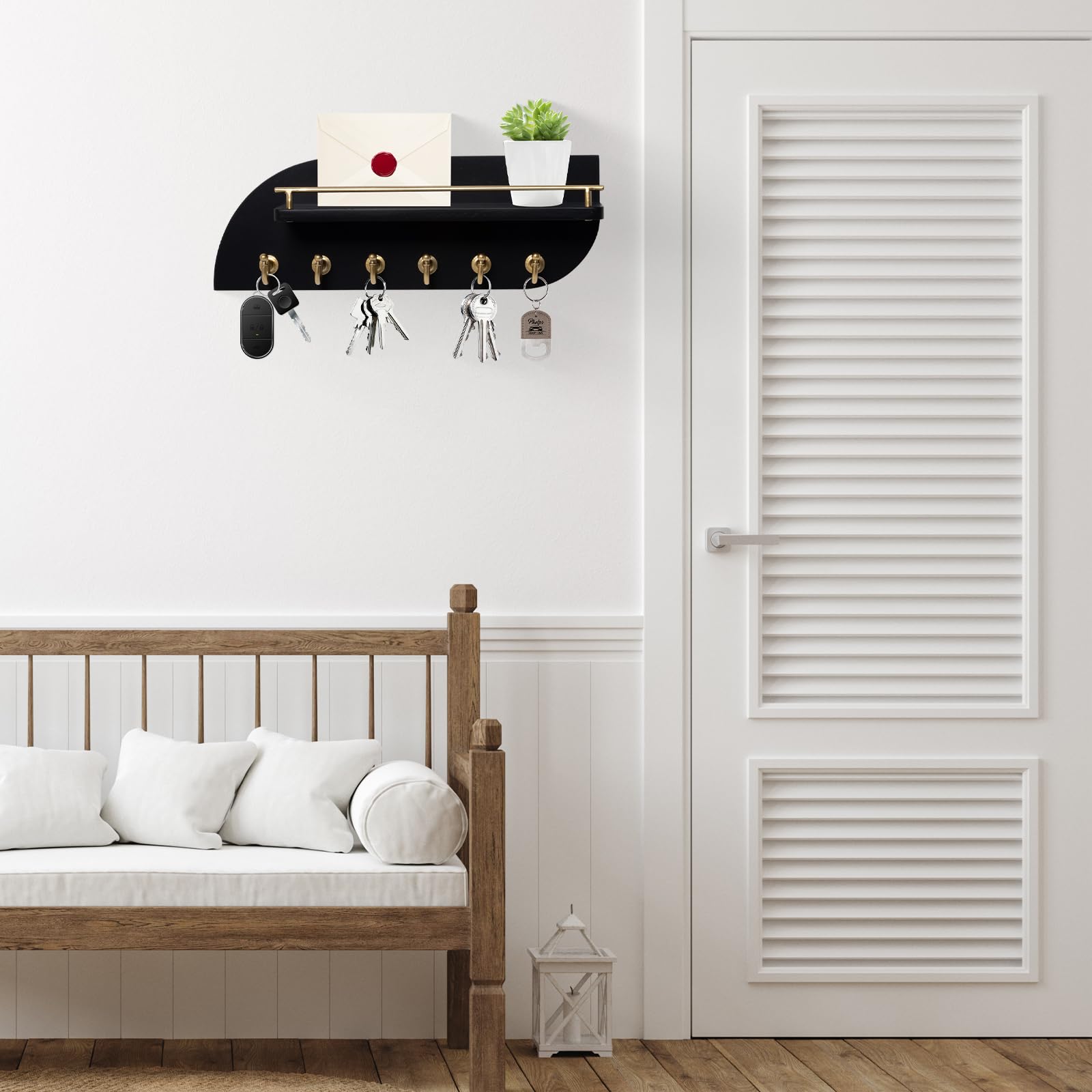 Lwenki Portachiavi da parete, portachiavi decorativo e porta posta con mensola, ha grandi ganci per chiavi per borse, cappotti, in legno di paulonia con accessori di montaggio (24 cm di larghezza x