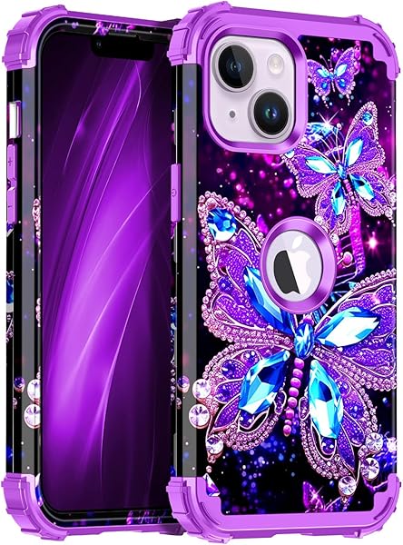 Miqala Compatible with iPhone 14 Plus Case,Glow in The Dark Three Layer Heavy Duty Shockproof Hard Plastic Bumper+Soft Silicone Protective Case for Apple iPhone 14 Plus,Dark Butterfly
