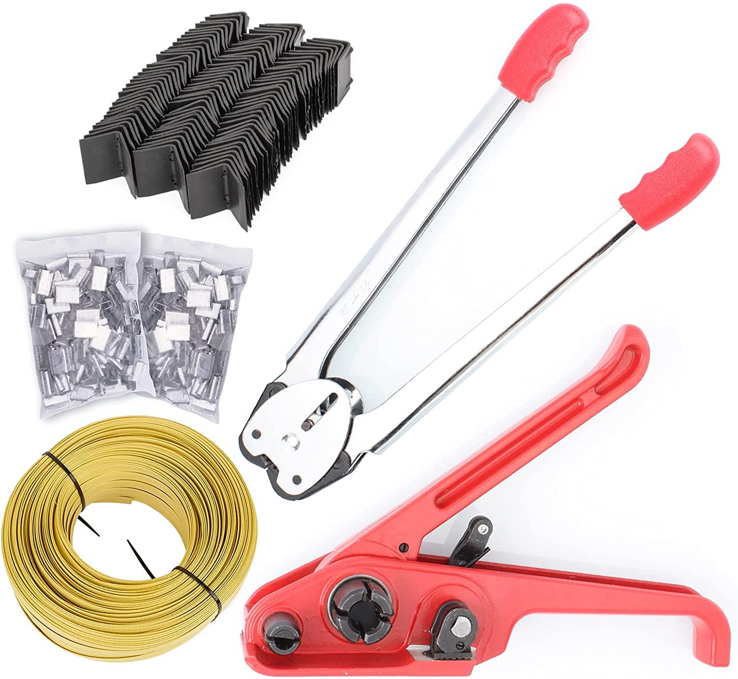 Pallet Packaging Strapping Banding Kit - Tensioner Cutter Sealer Tools, Poly Strapping with 100pc Open Seals and 100pcs Corner Protector, Heavy Duty PP Plastic Strapping Kit for 1/2"~3/4" Strap