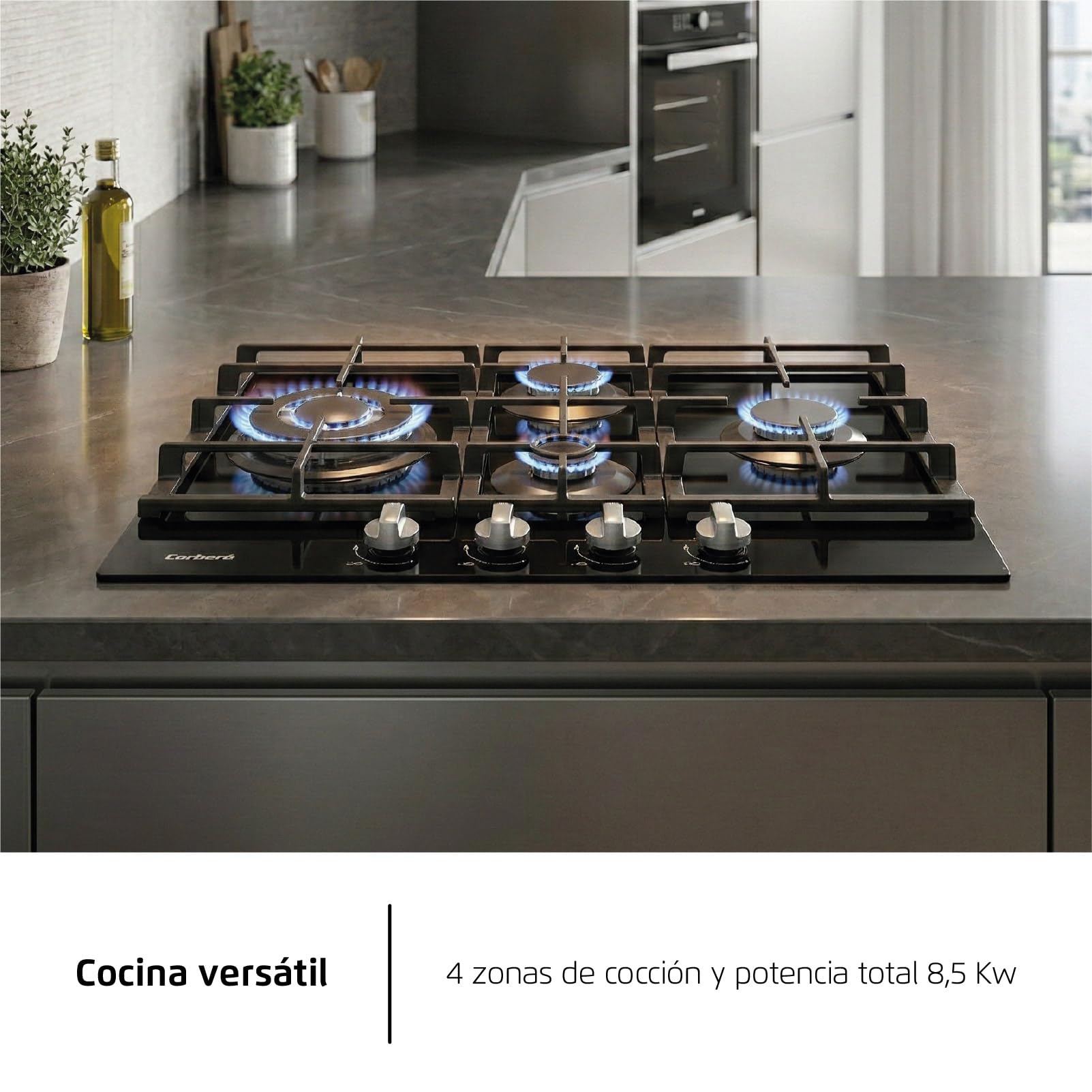 Corberó - Placa Gas Cristal LUX | CPCGM4F4126N | 4 Zonas | Potencia 8.05kW | Autoencendido | Zona WOK | Capa protección Clean + | Desconexión Automática | Cristal Negro