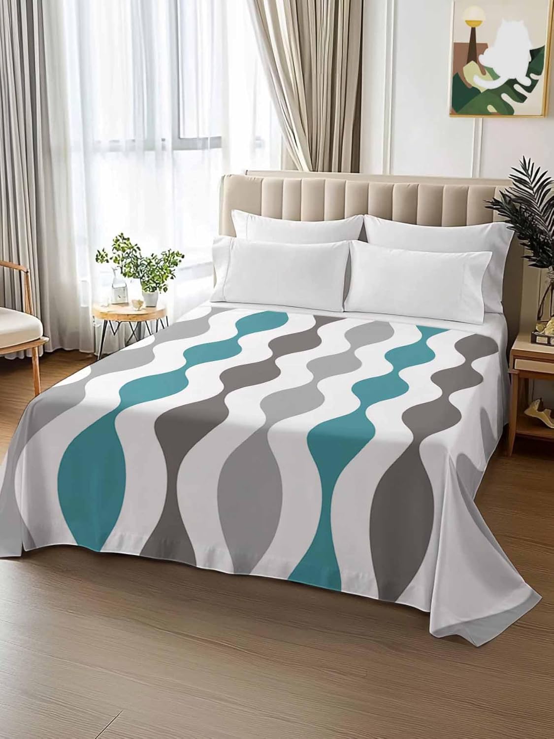 Flat Sheet Only Bedding Top Sheet Queen Mid Century Teal Stripes Soft Microfiber Breathable Bed Sheets, Grey Abstract Geometric Flat Sheets for Bedroom Sofa Men/Women