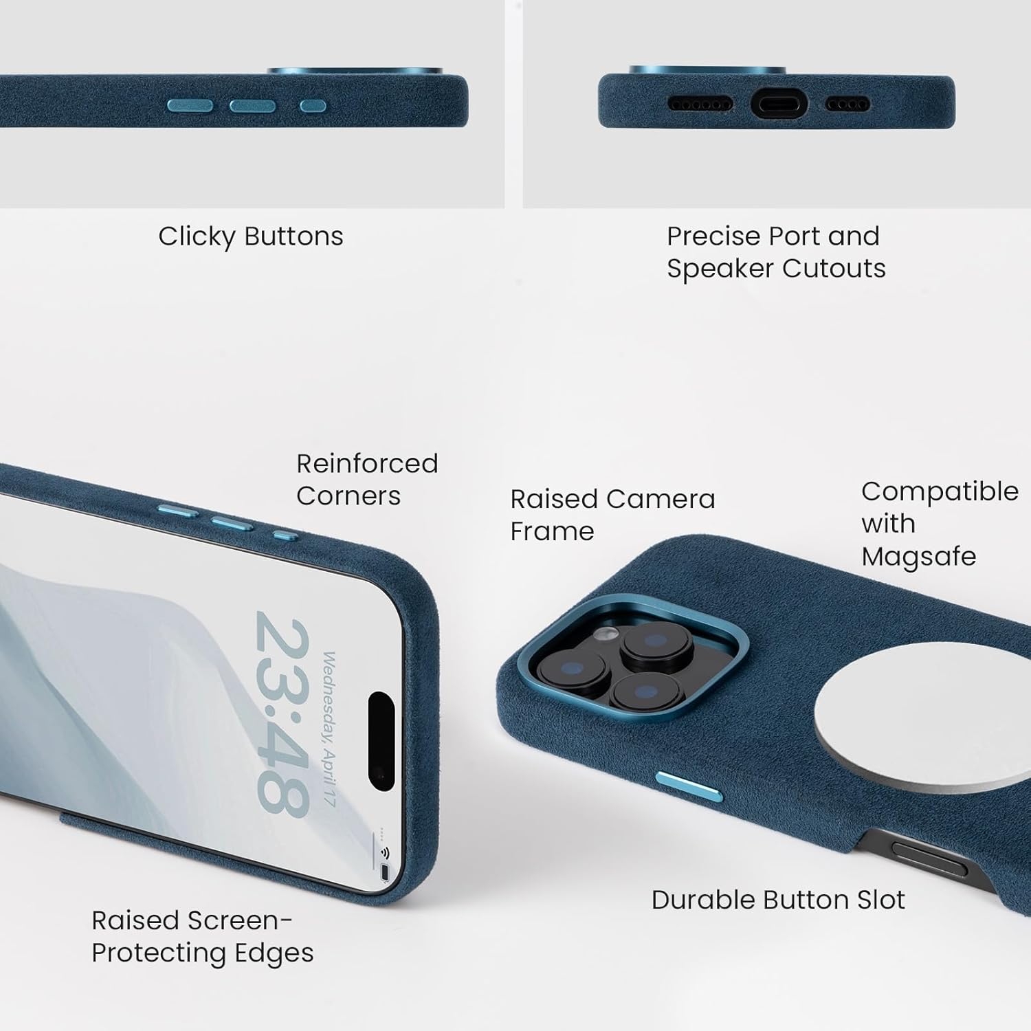 Alcantara Full-Wrap Phone Case for iPhone 16 Pro Max, Compatible with Mag-Safe Wireless Charging, Handmade Full-Wrap Italian Synthetic Suede Cover (Navy Blue)