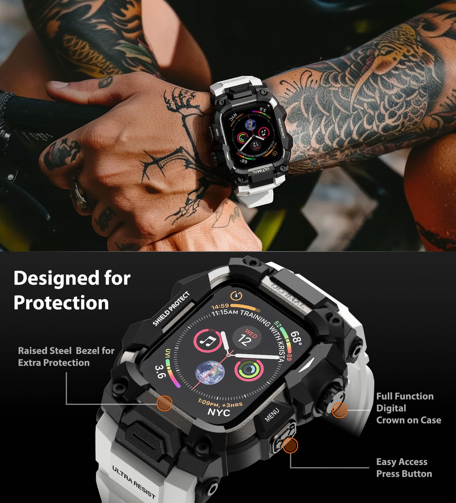 ULTIMAL Robuste Schutzhülle mit Band für Apple Watch 49 mm, kompatibel mit Apple Watch Ultra 3/2/1, stoßfest, Militärqualität, für iWatch, taktisches Band für Herren