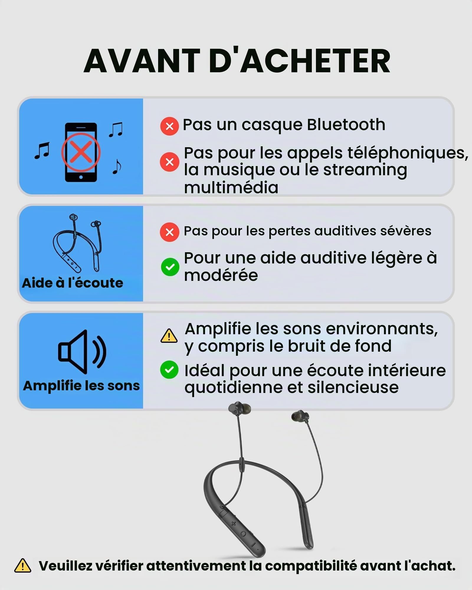 Avantree AcuEar C1 - Casque tour de cou Rechargeable pour le quotidien, à l