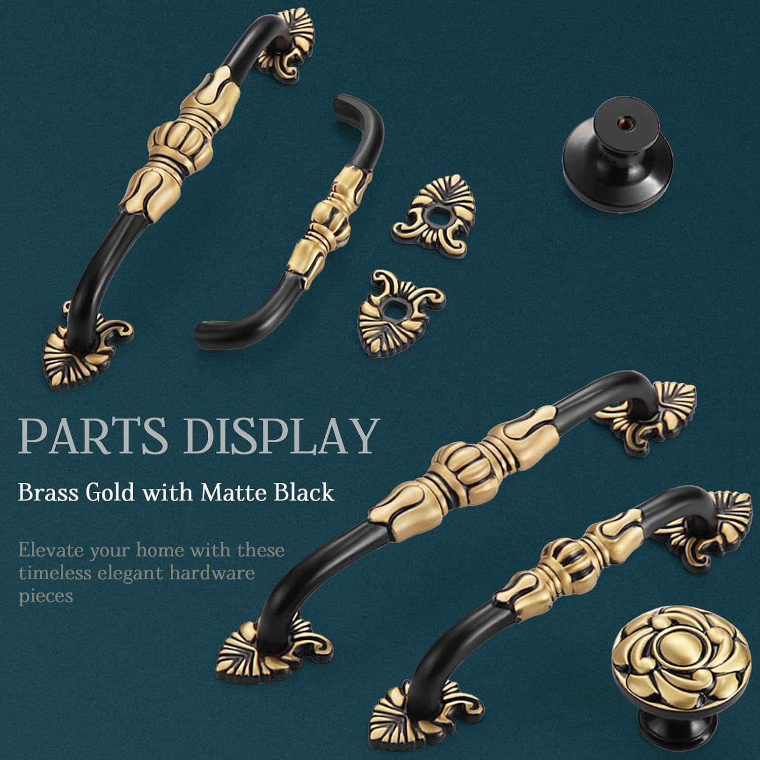 2 Pack Antique Brass Cabinet Handles 5 inch French Provincial Drawer Pulls Vintage Cabinet Hardware Floral Drawer Pull Solid Brass Antique Gold Handles for Dresser - Gold & Black