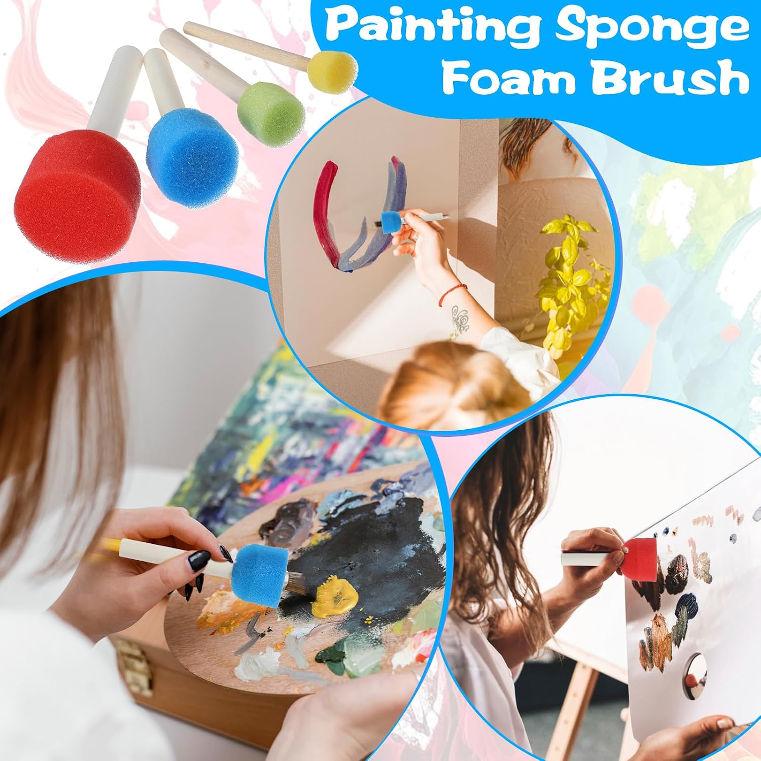 Nogeqi 24 Pcs Sponge Brushes for Painting, Round Sponge Paint Brush, Sponges Brushes Set for Art Class Acrylic Painting, Foam Stencil Brush, Paint Tools for Kids Arts and Crafts(4 Size)