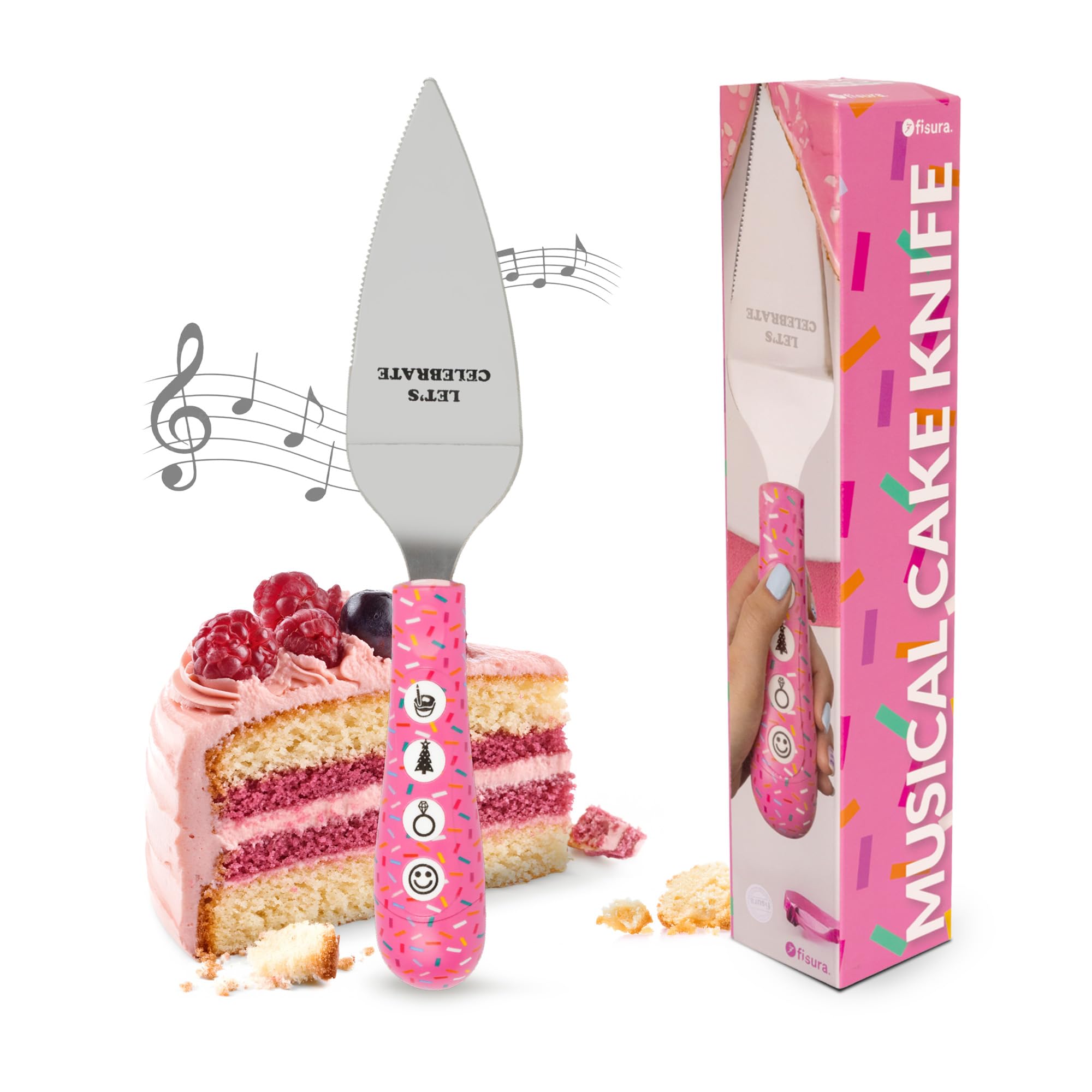 Fisura – Tagliatorta originale “Let’s celebrate” con musica. Paletta torta in acciaio inox 2 in 1 con coltello e servitore, ideale per feste, matrimoni ed eventi familiari. 4 canzoni incluse.