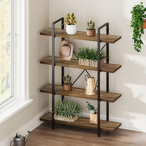 Vista 9 de HSH Industrial 4 Tier Bookshelf, Modern Metal and Wood 4 Shelf Bookcase Etagere, Farmhouse Open Wide Display Storage Bookshelves and Bookcases Heavy