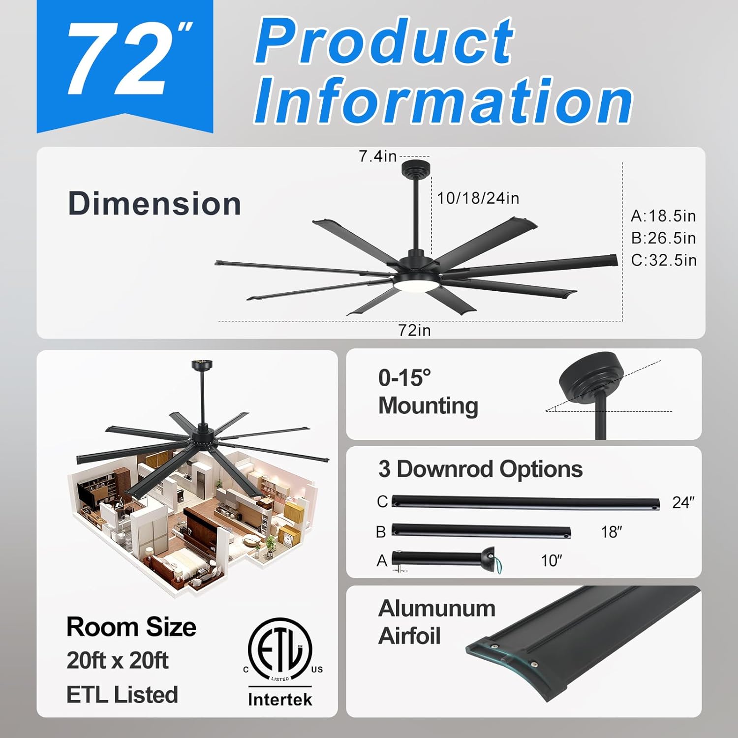 72 Inch Ceiling Fan with Light,Industrial Ceiling Fan with 8 Black Aluminium Blades,Smart Fan Compatible with Alexa,Garage Outdoor/Indoor Fan for Patio and Living Room, Black