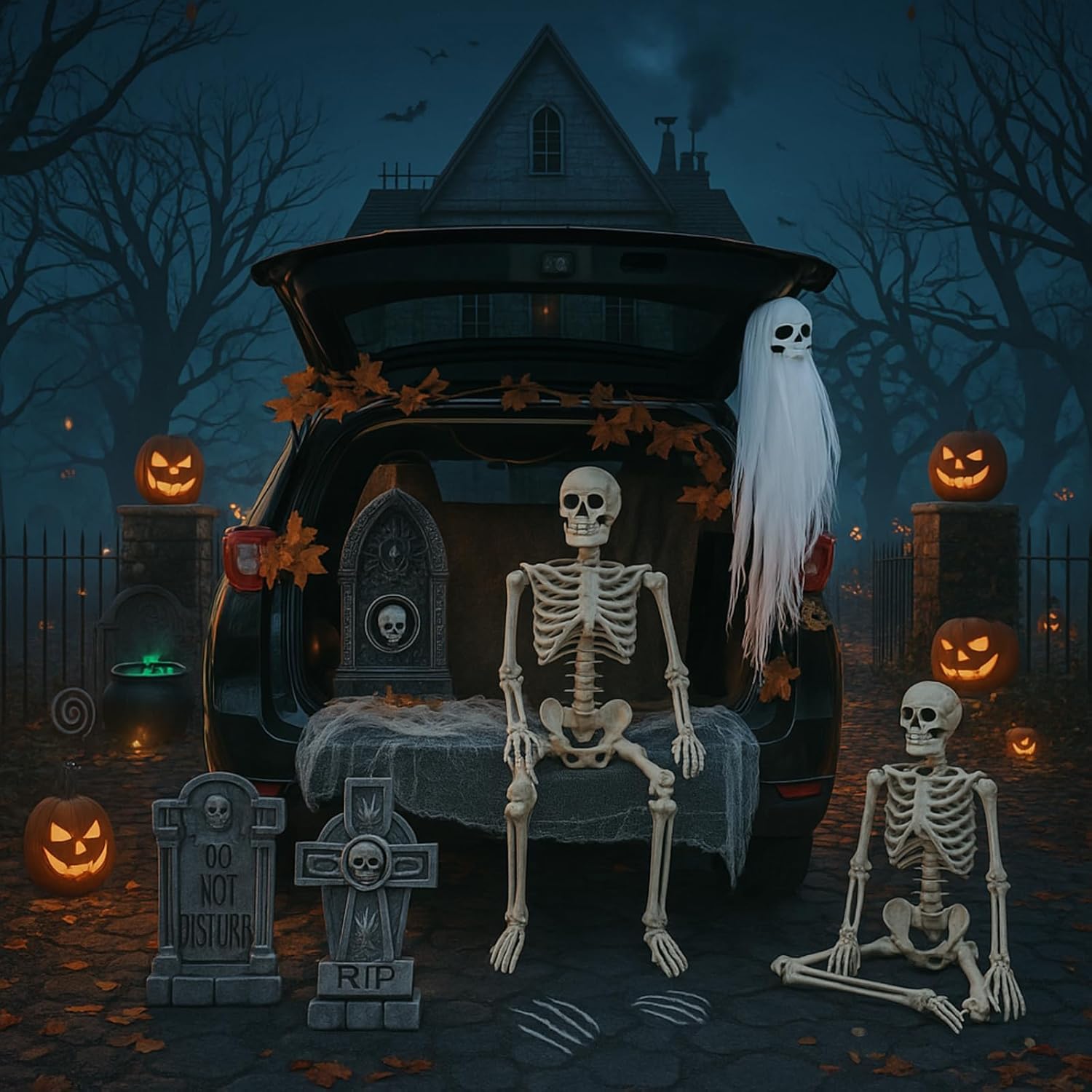 Jetec Halloween Tombstone Trunk or Treat Car Decoration Kit Cemetery Style Skeleton Spider Web Graveyard SUV Decorations for Halloween Car Outdoor Garage Door Entryway Archway Haunted House Decor