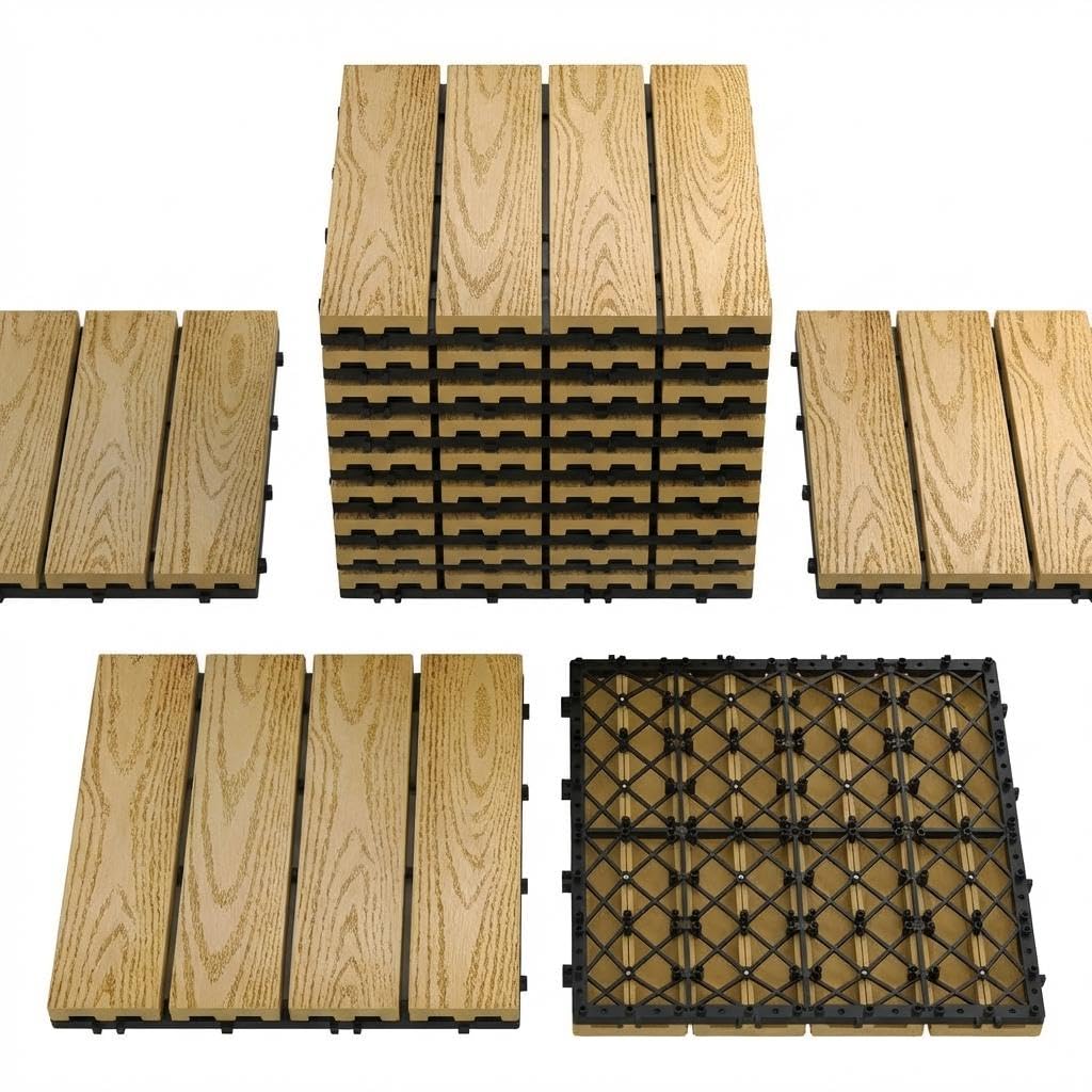 GAOMON All-Weather Waterproof Outdoor Deck Tiles - 12"x12" interconnected Wood Plastic Composite Flooring for Patio, Balcony, Porch, Poolside, Backyard - Anti-Slip, Easy DIY Snap Lock, Teak Color,
