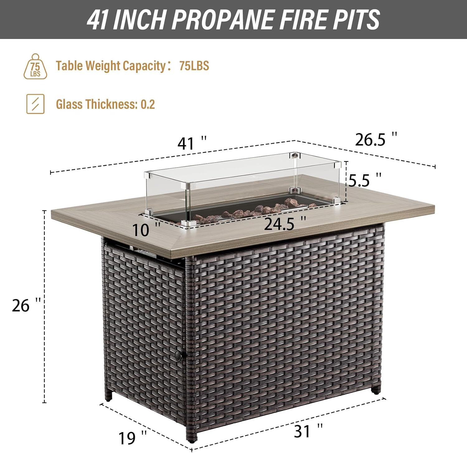 Belord 50000 BTU Propane Fire Pit Table with Lid and Lava Rock, 41 inch Rectangular Outdoor Firepit Wicker Furniture, Fireplace Table Perfect for Relaxed Outside Patio Backyard Ambiance, Brown