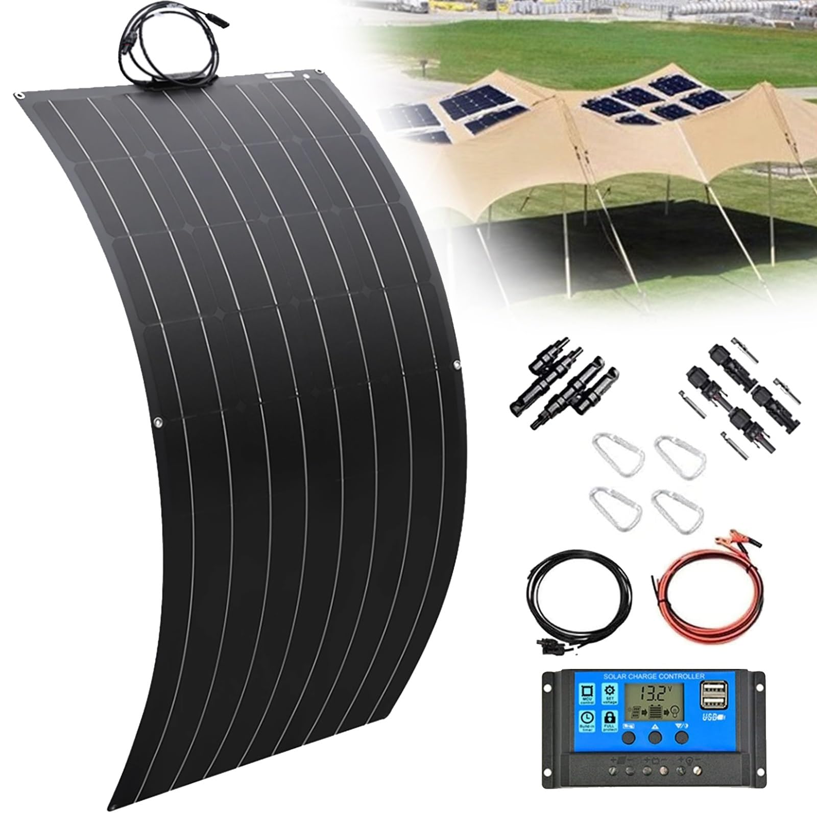 300W 600W 1200W Kit Pannelli Solari Flessibili 18V ETFE Monocristallino Fotovoltaico Modulo con 40A regolatore solare per Camper Barca Auto Roulotte Furgone Casa batteria(300W)