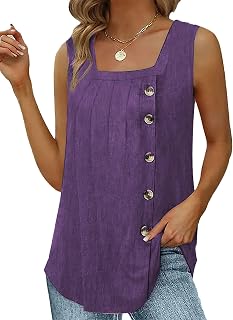 Ladies Pleated Square Collar Sleeveless Top Loose Sleeveless Summer Tunic Blouses Flowy Pleated Tank Tops
