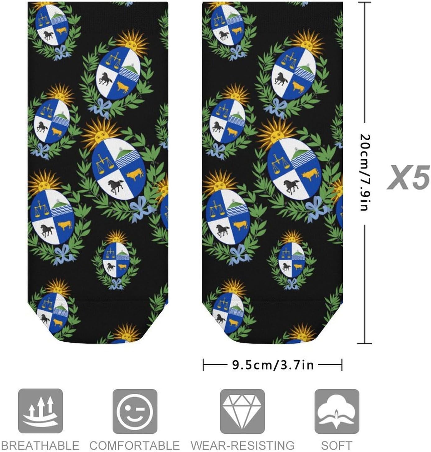 Coat of Arms of Uruguay No Show Ankle Socks Low Cut Non Slip Flat Boat Line 5 Pairs Set