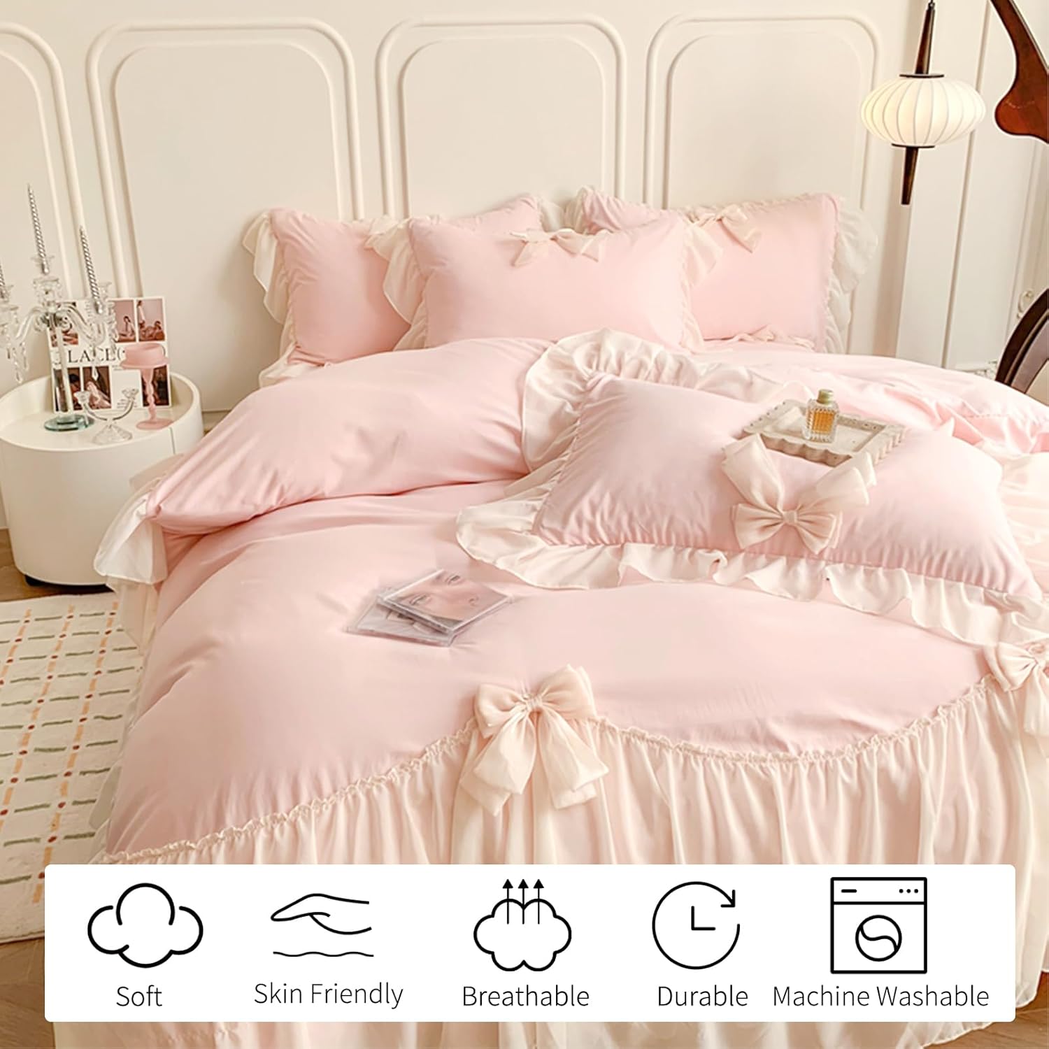 Pink Bow Duvet Cover Queen Size,3PCS Soft Microfiber Bedding Set,Romantic French Bedding with Chiffon Lace and Cute Bows,Corner Ties&Zipper Closure (90"x90"-1 Duvet Cover,2 Pillow Cases)