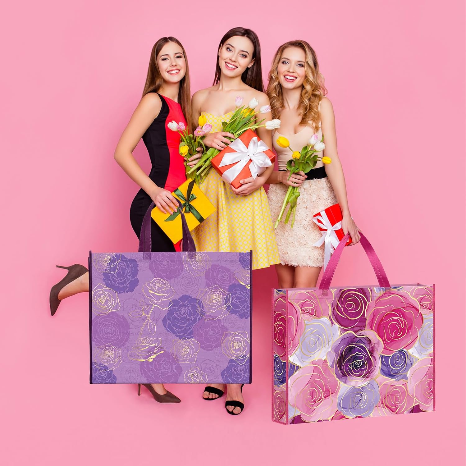 PerKoop 4 Pcs Extra Large Gift Bags 20 x 16 Inch Jumbo Purple Flower Bag Reusable Non Woven Gift Bags for Mother's Day Women's Birthday Bridal Showers Wedding - Image 4