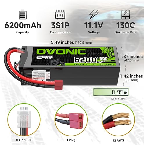 Miniatura 2 de OVONIC 3S LiPo Batería 6200mAh 11.1V 130C RC Batería con Dean Estilo T Conector