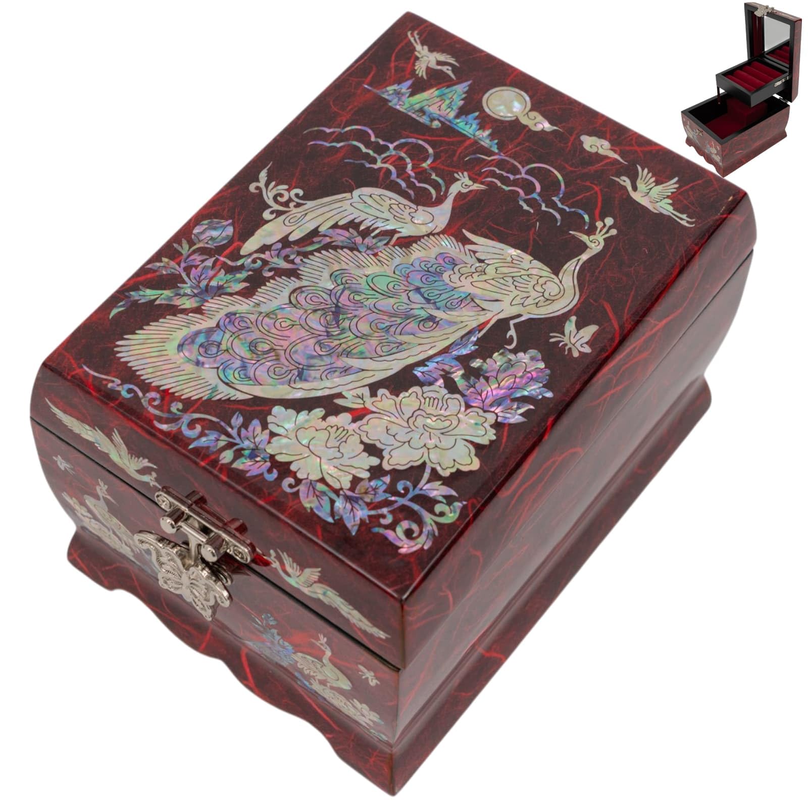 February Mountain Joyero musical de madreperla con espejo y soporte para anillos, caja de música, organizador de joyas tocando melodía Arirang, caja de joyería de pavo real, regalo para mujeres