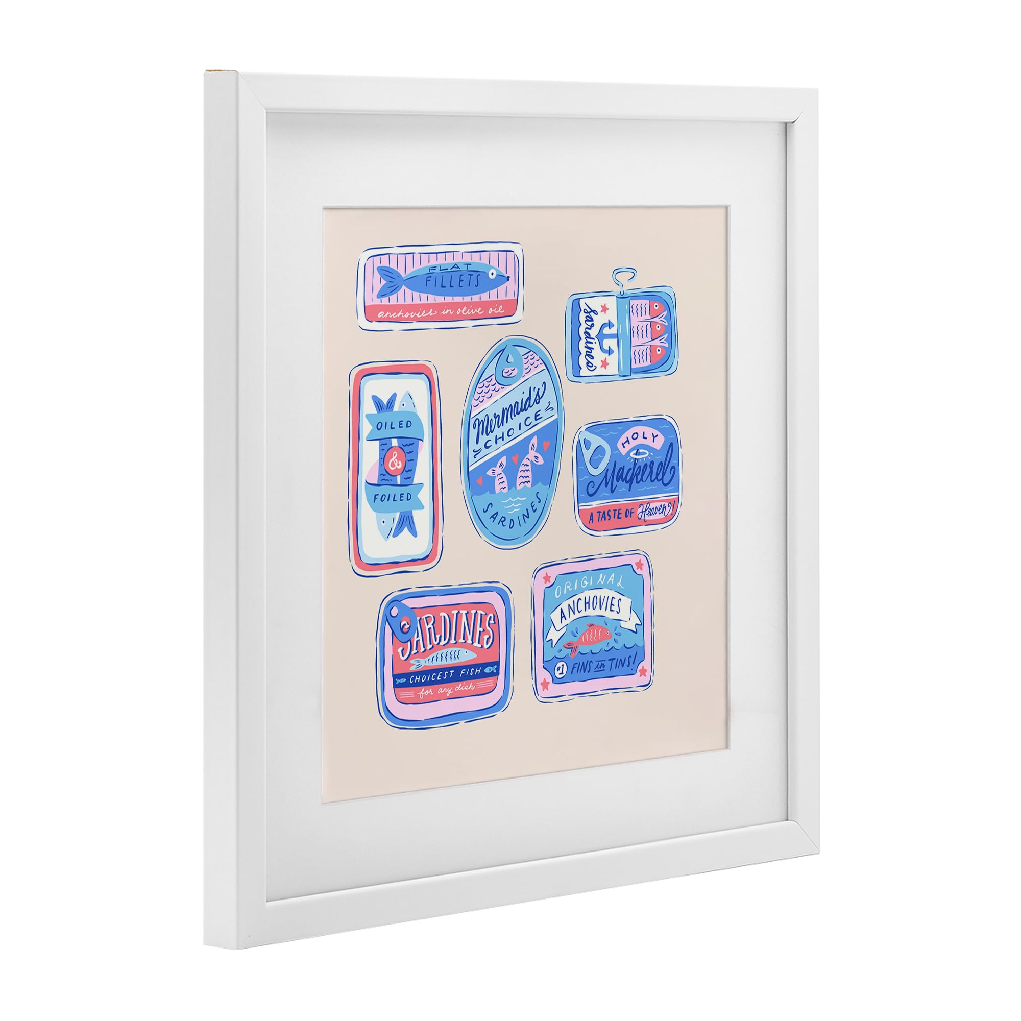 Stupell Industries Krissy Mast Kunstdruck mit verschiedenen Fischkonserven, gerahmt, unter Glas, 40,6 x 40,6 cm, Weiß