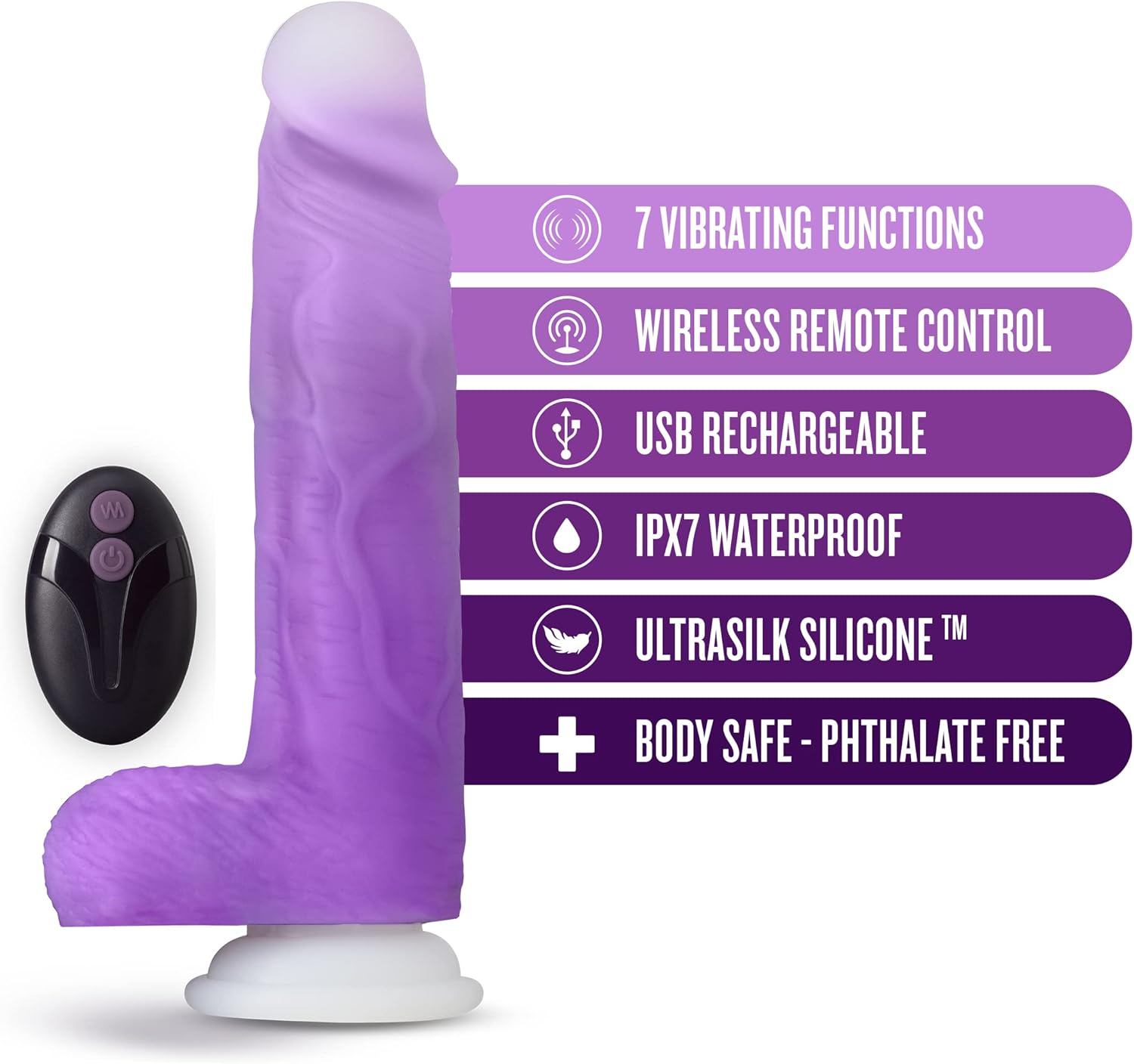 Blush Neo Elite Encore 8.5” Silicone 7 Vibrating Functions Dildo - Suction Cup Harness Compatible - IPX7 SensaFeel Deep Thrusting RC G-Spot Vibrator & Anal Play Lifelike Cock Adult Sex Toy - Purple