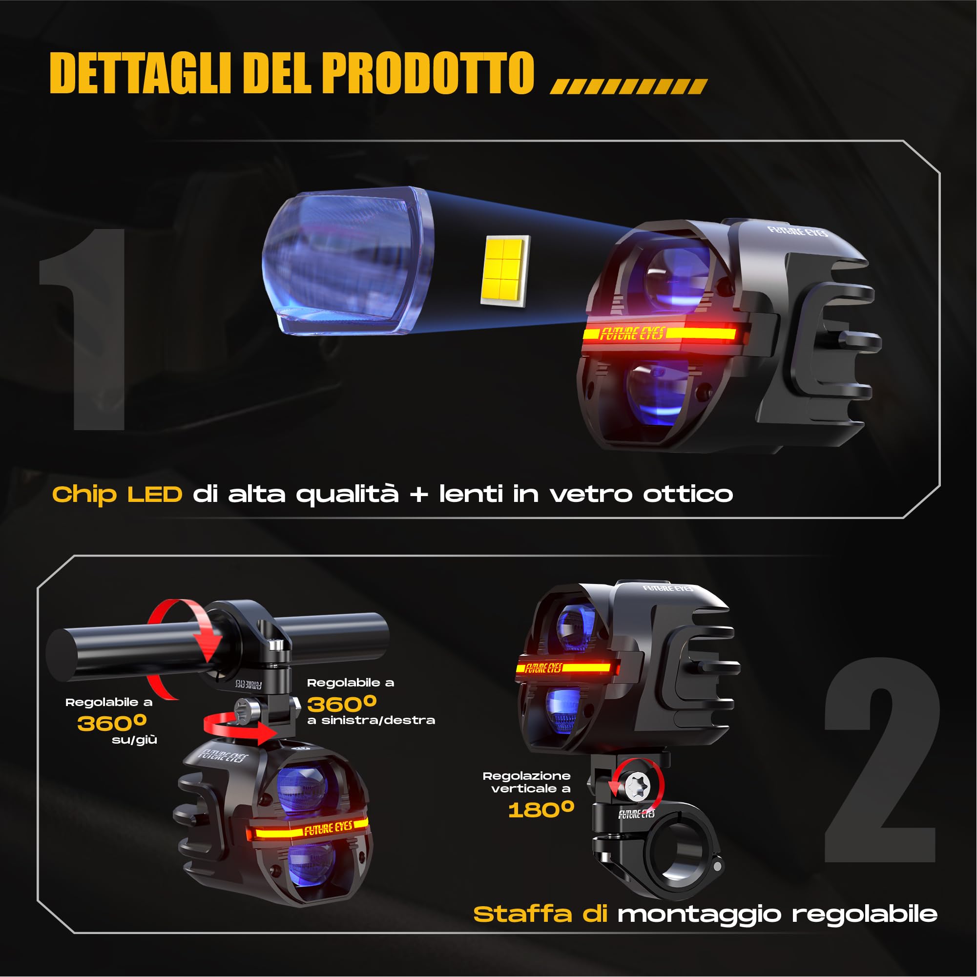FUTURE EYES Fari Supplementari Moto Omologati E57 CE, 120W 12000LM Faretti LED Supplementari, Fendinebbia Moto Doppia Lente, IP67 Impermeabili
