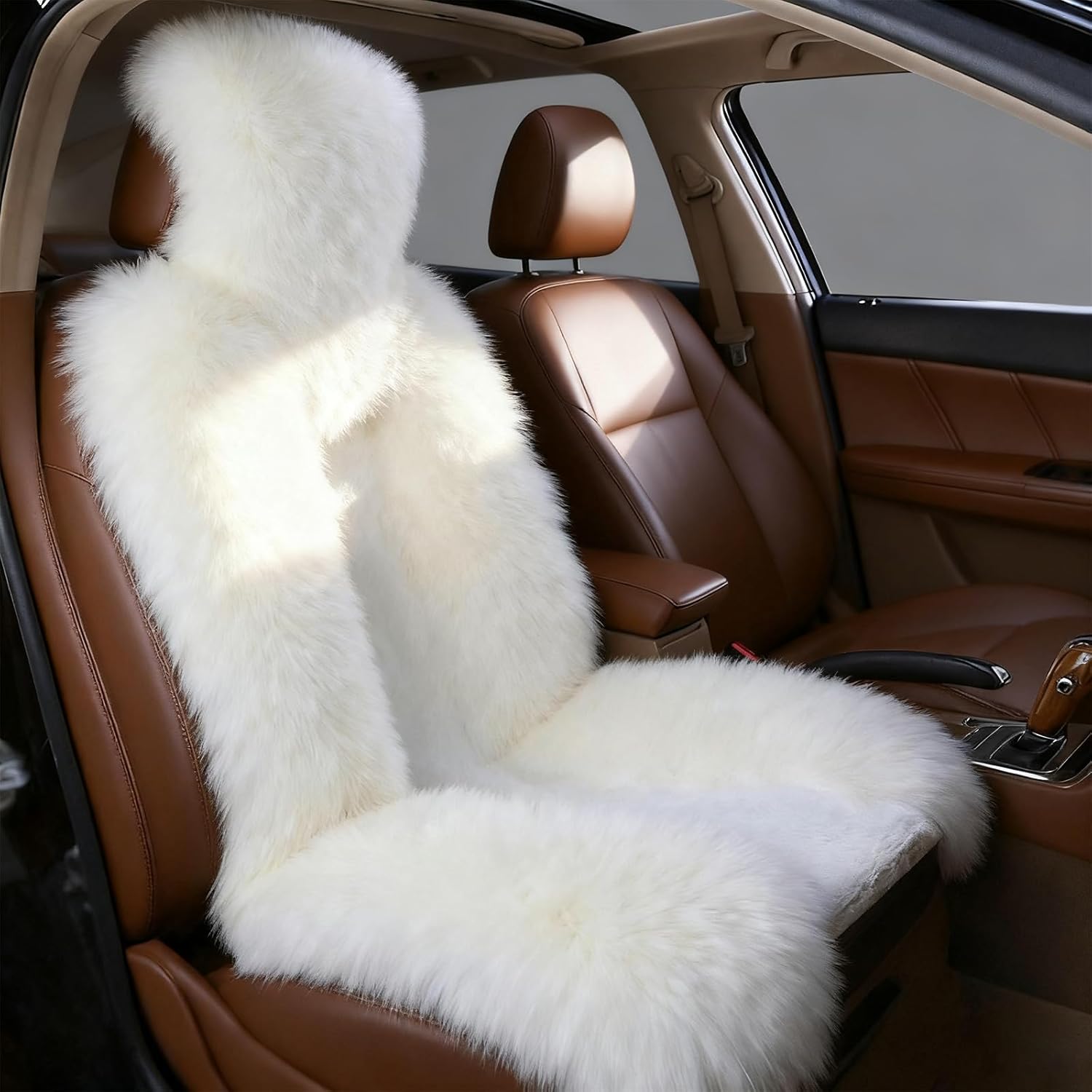 Gracefur Easy-Install Universal Sheepskin Car Seat Covers, Winter Warm Genuine Australian Sheepskin Fur Seat Covers, Airbag Compatible for Sedans, Trucks, SUV, or Van (White)
