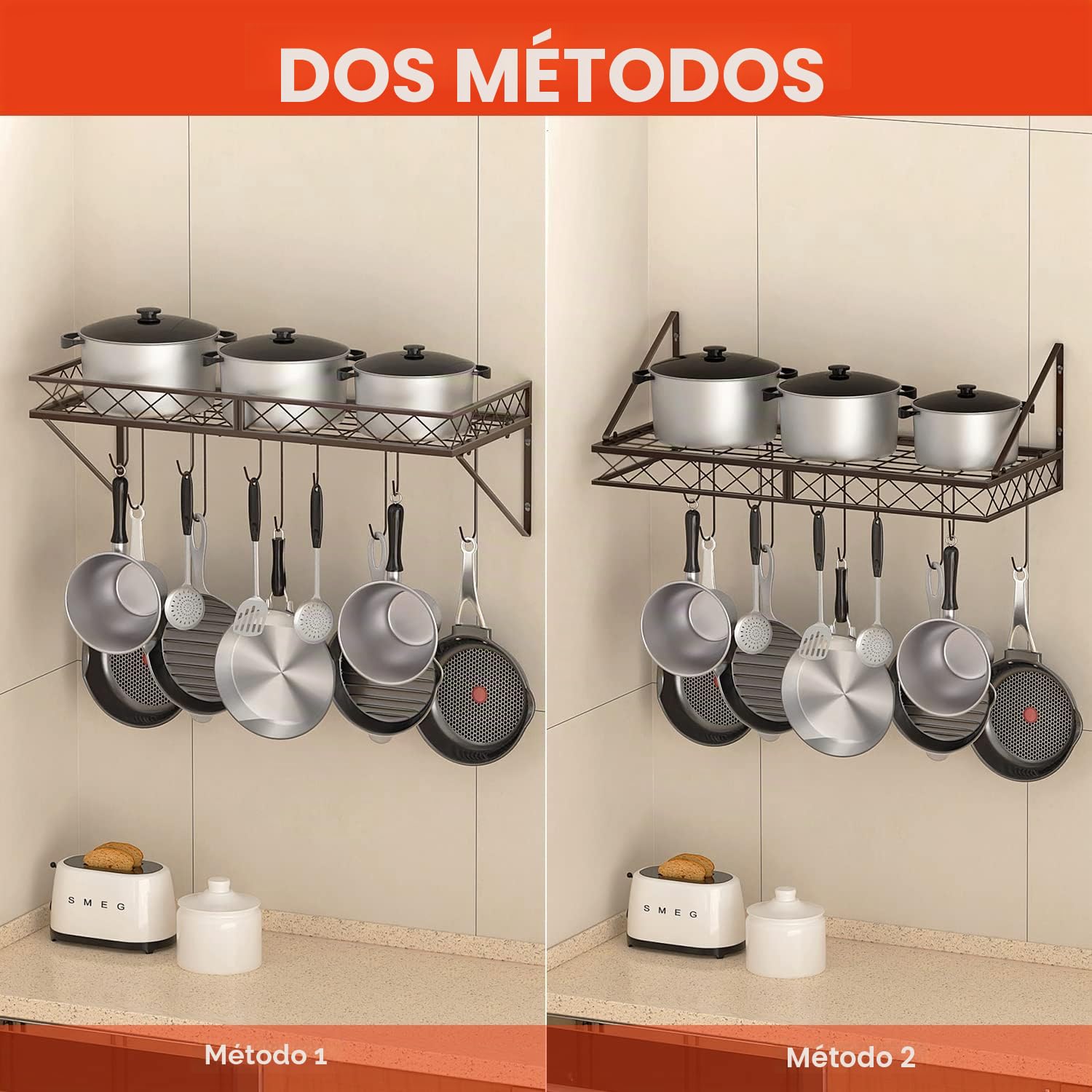 Mutool Estante para ollas montado en pared, estantes para colgar cacerolas de 70 cm, estante para utensilios, estantes para sartenes para la cocina, organizador de menaje de cocina de metal con 10