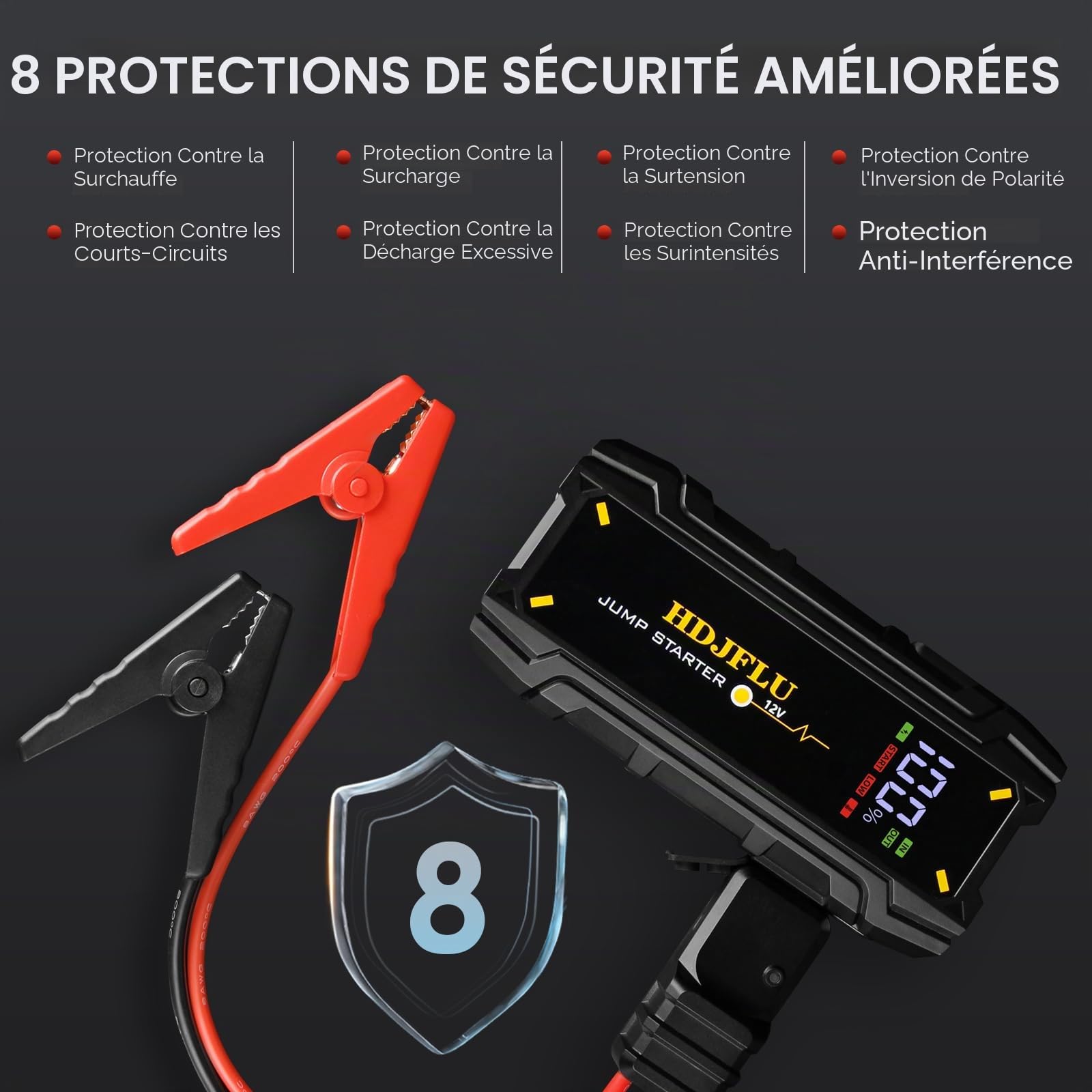 Démarreur de Voiture Portable HDJFLU 3000A (7,0 litres pour Le Moteur à Essence et 5,5 litres pour Le Moteur Diesel), Batterie de Voiture 12v, câble de démarrage Intelligent, éclairage