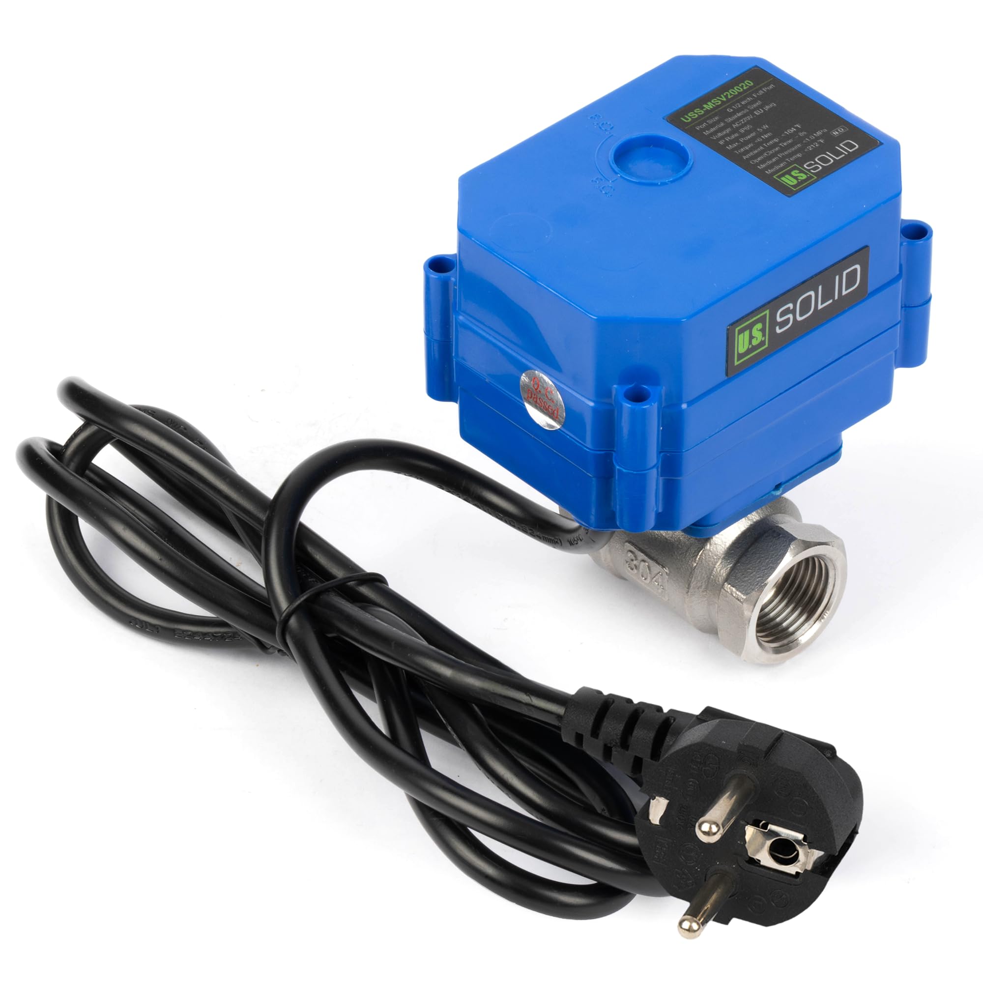 U.S. Solid Válvula de bola motorizada 220 V CA con conector 1/2 pulgadas DN15, abierto sin corriente, válvula de bola eléctrica de acero inoxidable de 2 vías, retorno automático